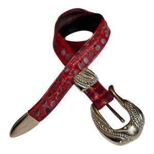 Vintage St. Maarten Red Crocodile Embossed Western Belt Silver Buckle Size L